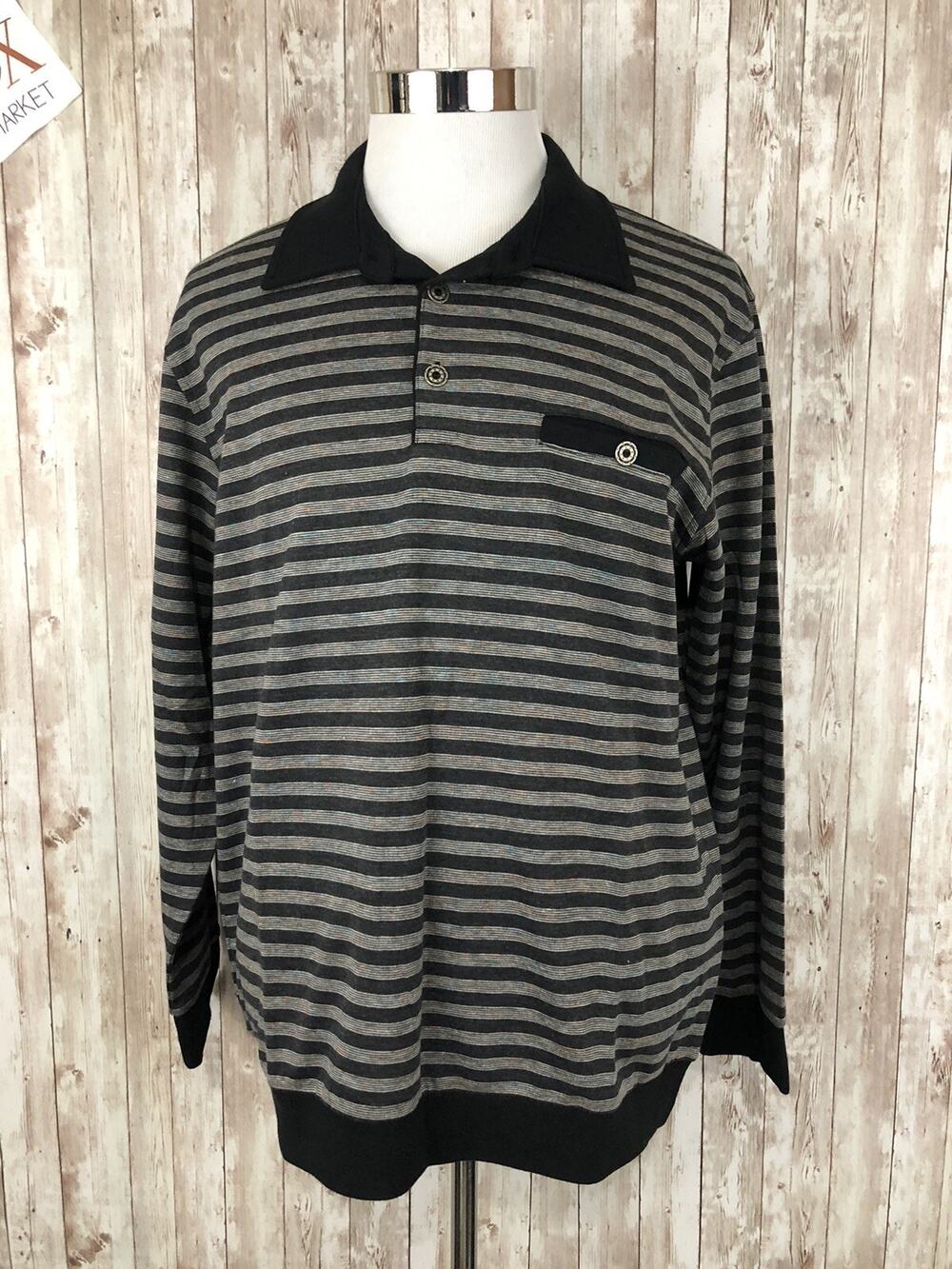 Alex Polo Shirt Mens 2XL Sweater Black Striped Pullover Long Sleeve N115